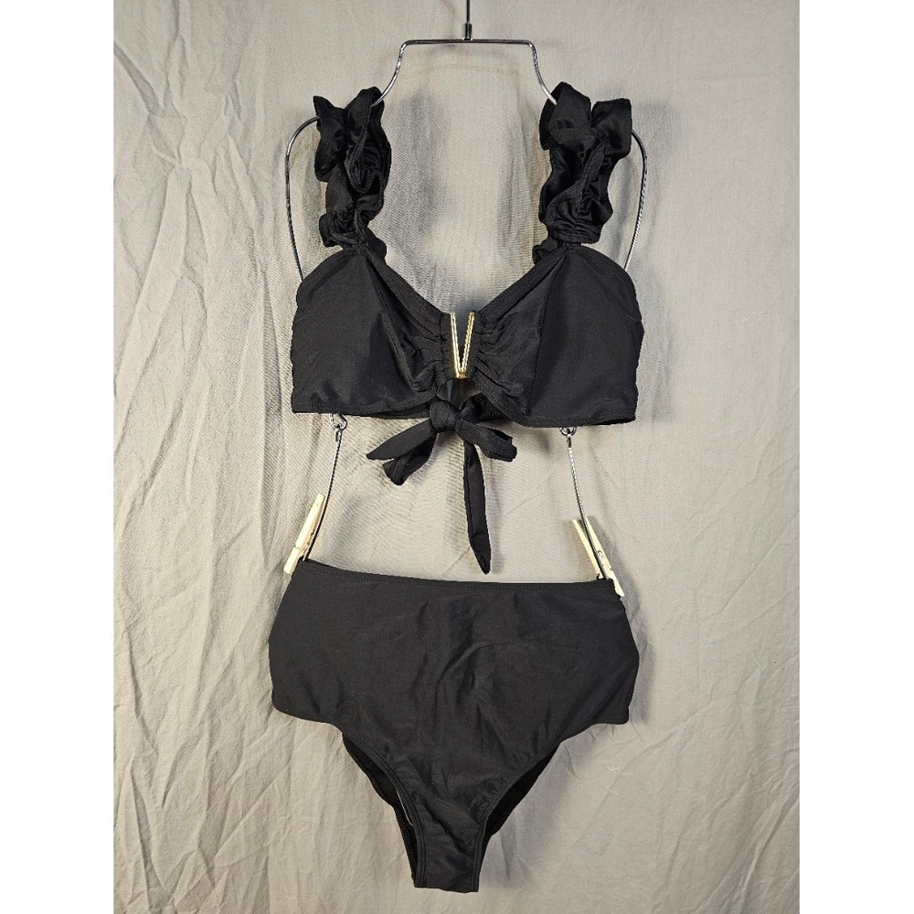 Sportlike Womens Black Ribbed Ruffle V-Wire Bikini Set High Waist Size L